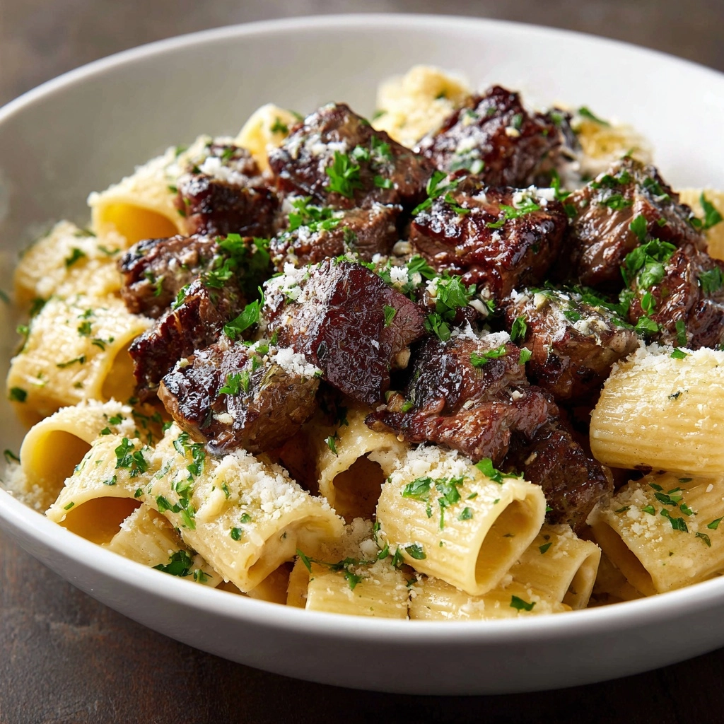 Garlic Butter Steak Tips with Cheesy Rigatoni Recipe - Recipe Image