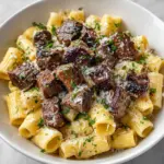 Garlic Butter Steak Tips with Cheesy Rigatoni Recipe