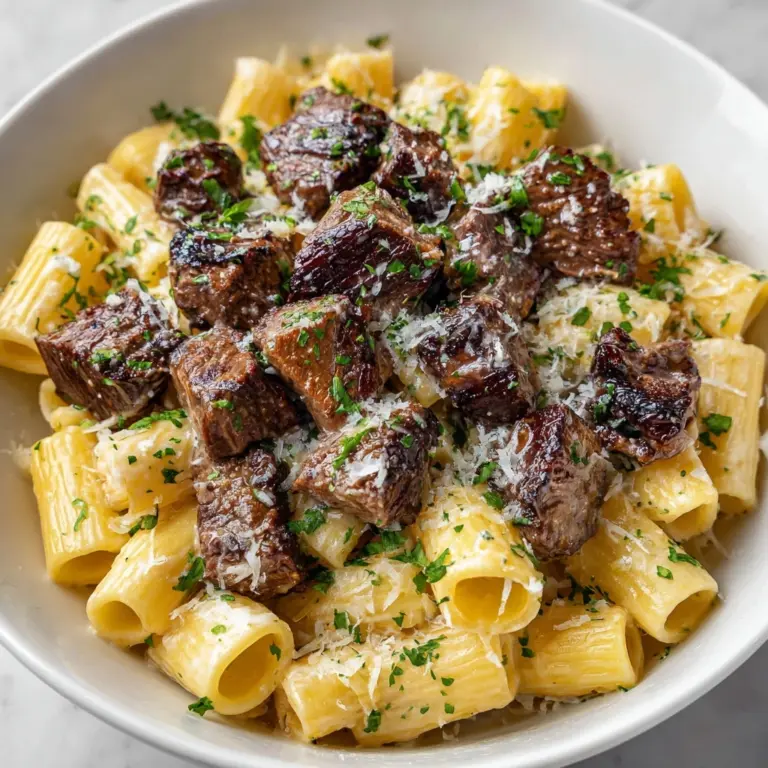 Garlic Butter Steak Tips with Cheesy Rigatoni Recipe