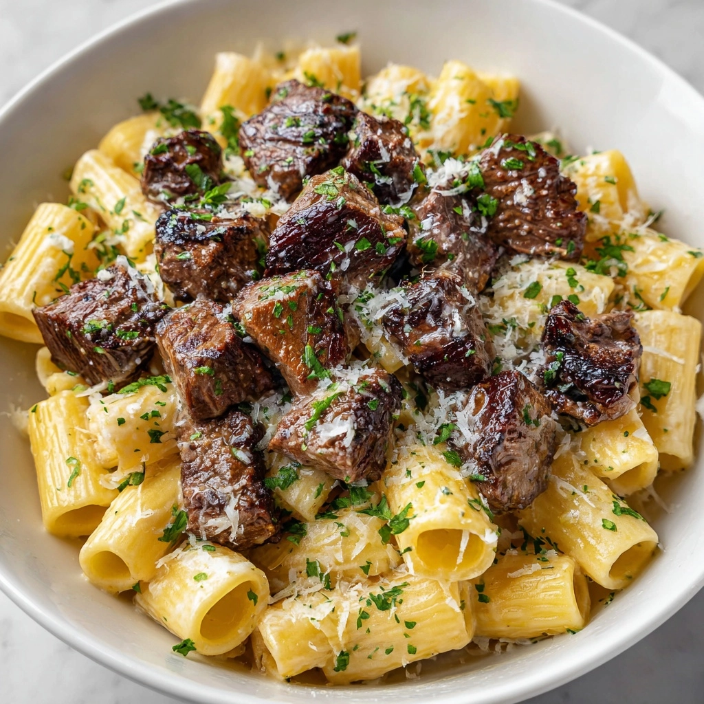Garlic Butter Steak Tips with Cheesy Rigatoni Recipe