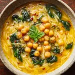 Turmeric Soup with Chickpeas, Orzo, and Spinach Recipe