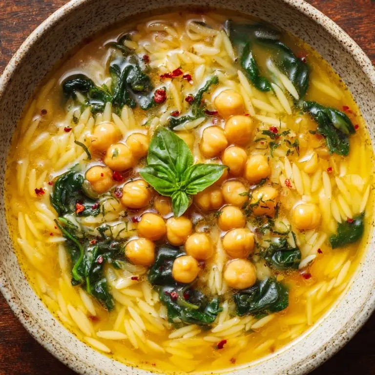 Turmeric Soup with Chickpeas, Orzo, and Spinach Recipe