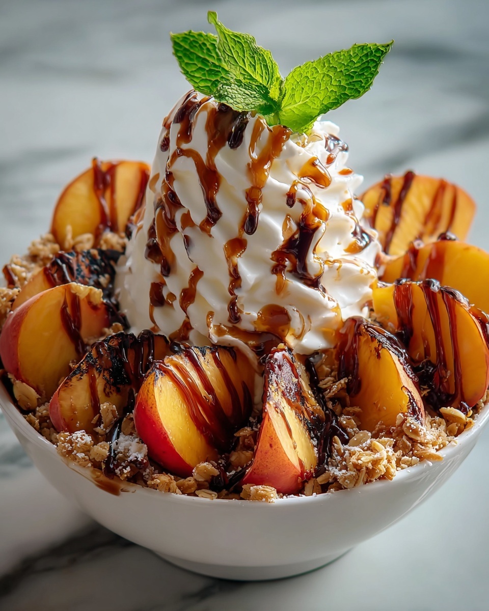 Grilled Peach Sundaes with Vanilla Ice Cream and Caramel Drizzle Recipe - Recipe Image