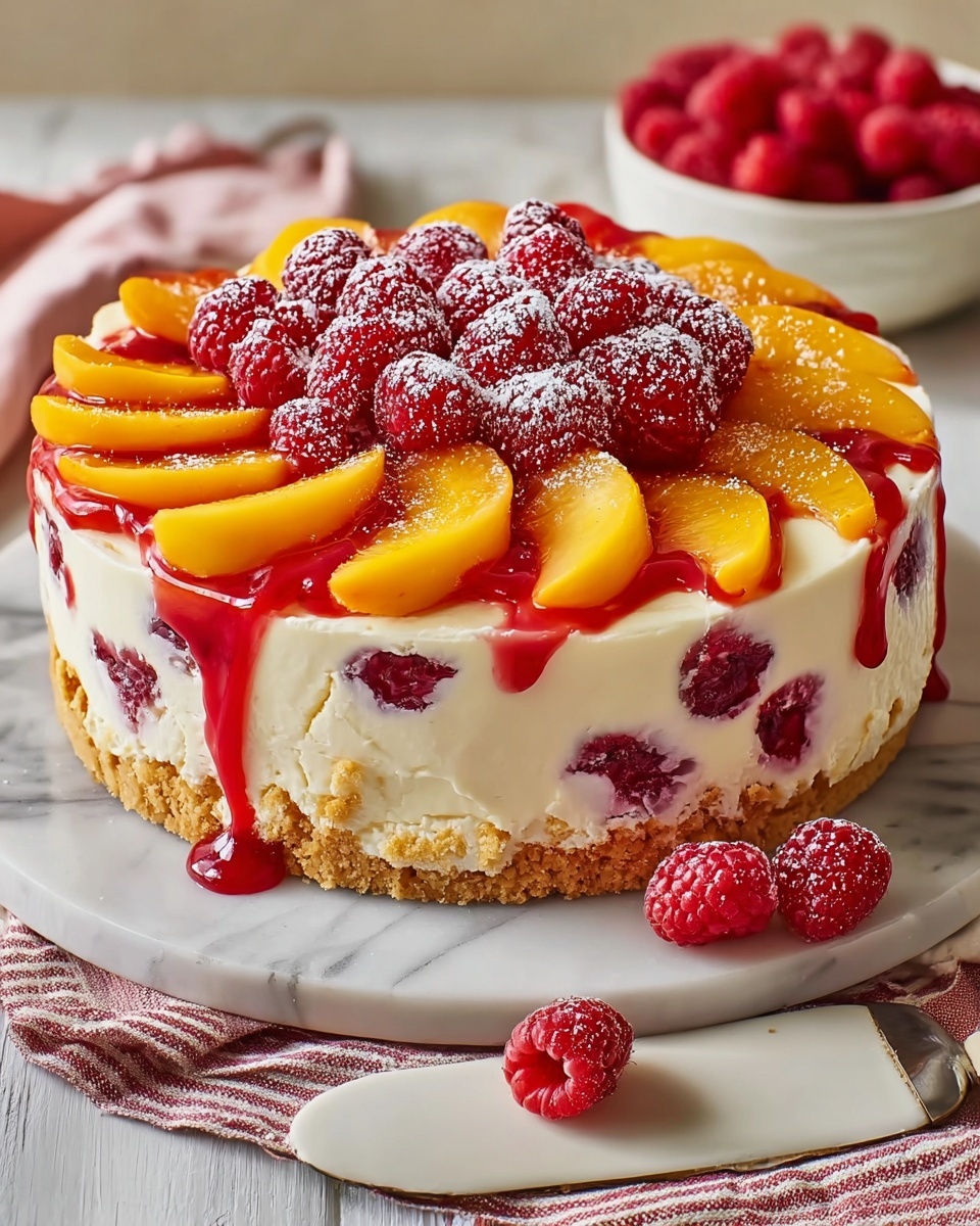 Summer Bliss Peach and Raspberry Cheesecake Delight Recipe - Recipe Image