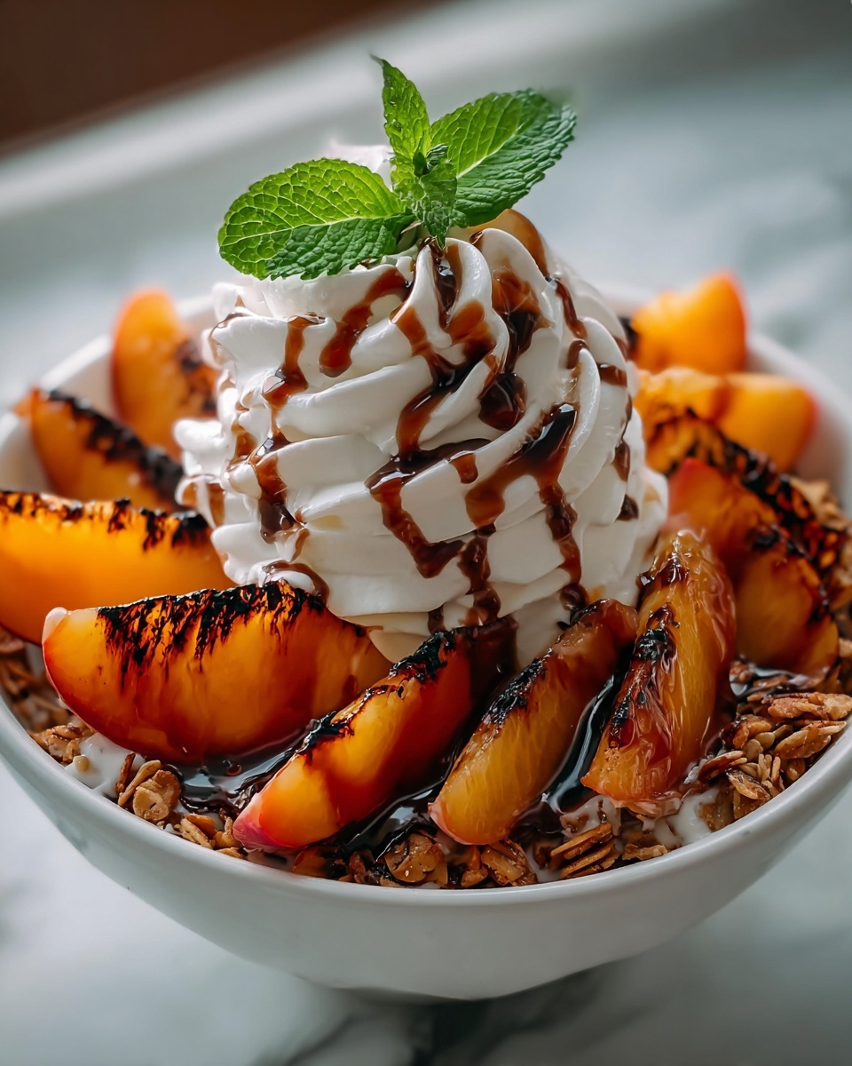 Grilled Peach Sundaes with Vanilla Ice Cream and Caramel Drizzle Recipe - Recipe Image