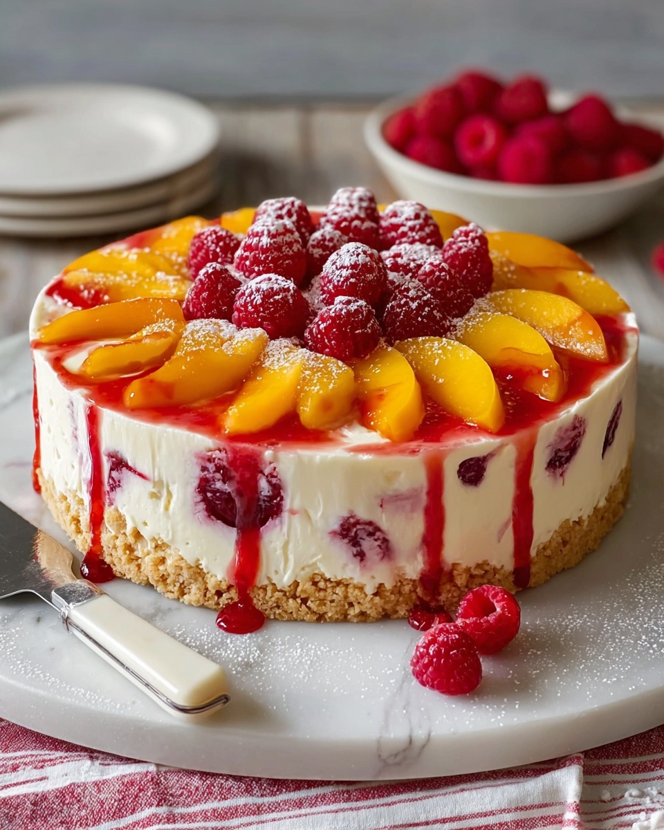Summer Bliss Peach and Raspberry Cheesecake Delight Recipe - Recipe Image