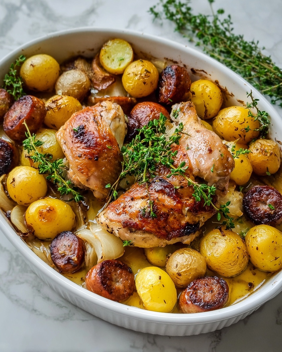 Roast Chicken, Sausage, and Potato Tray Roast Recipe - Recipe Image