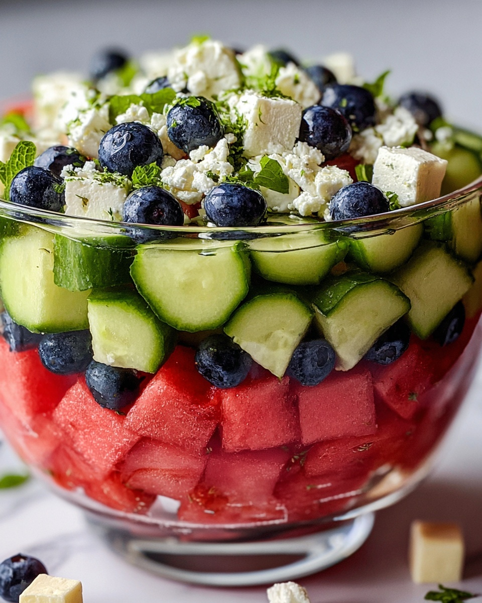 Watermelon Feta Salad with Cucumber and Blueberries Recipe - Recipe Image