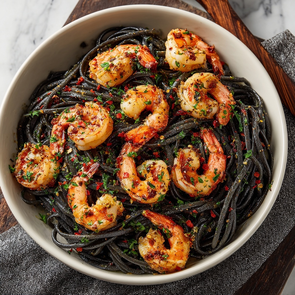 Squid Ink Pasta with Garlic Shrimp Recipe - Recipe Image