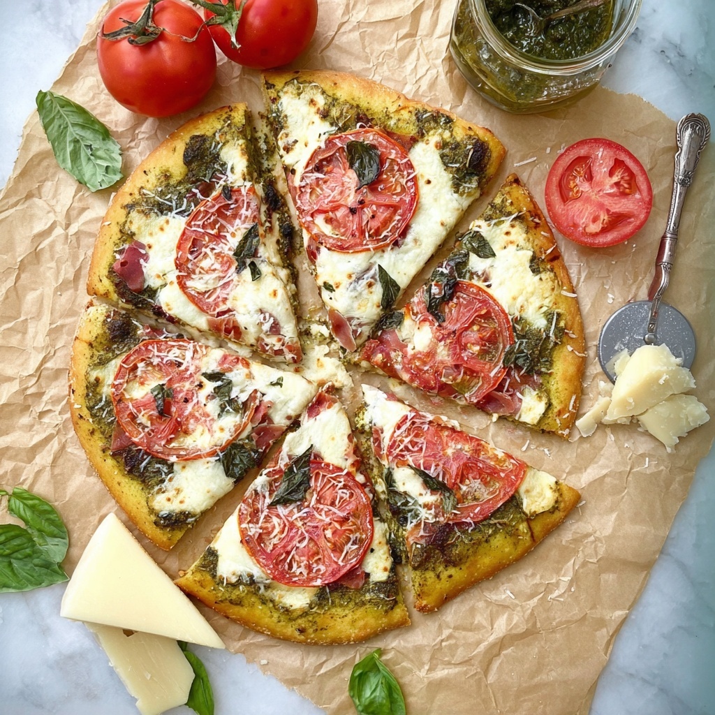 Pesto Pizza with Prosciutto, Tomatoes, and Mozzarella Recipe - Recipe Image