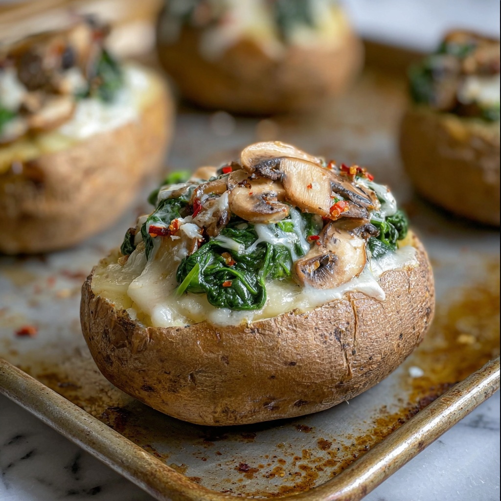 Spinach Mushroom Stuffed Baked Potatoes with Cheddar Recipe - Recipe Image