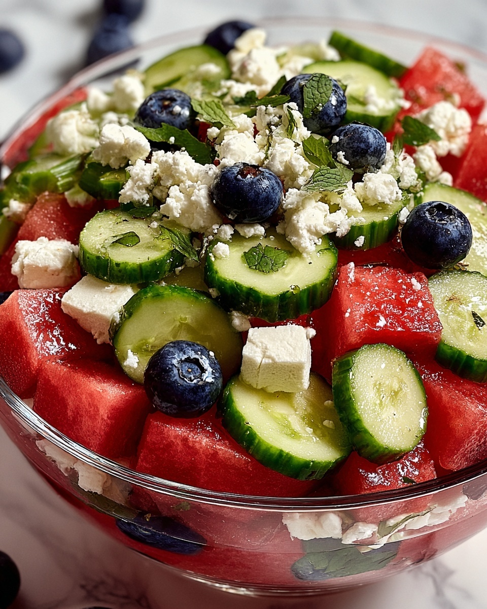 Watermelon Feta Salad with Cucumber and Blueberries Recipe - Recipe Image