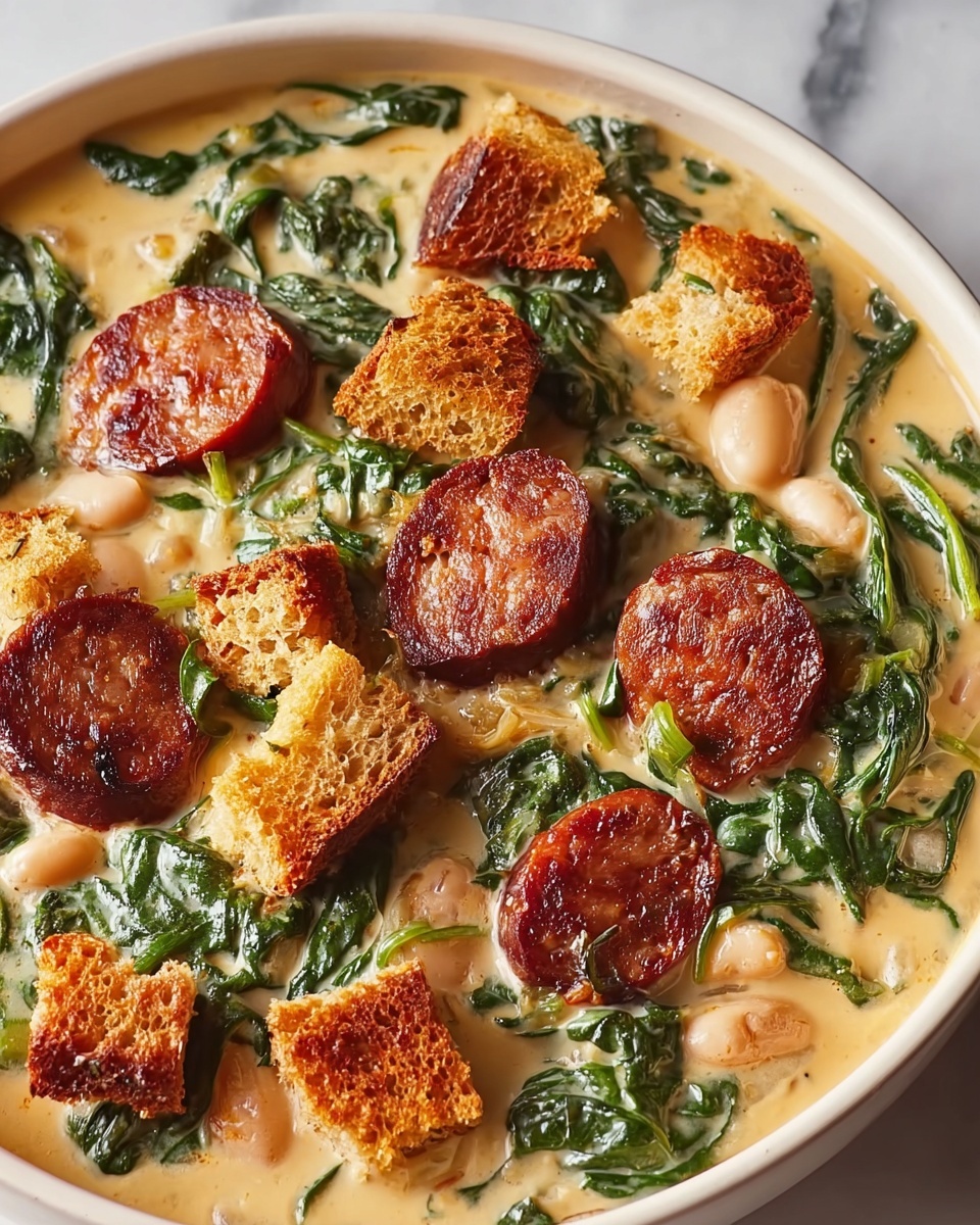 White Bean and Smoked Sausage Skillet with Sourdough Croutons Recipe - Recipe Image
