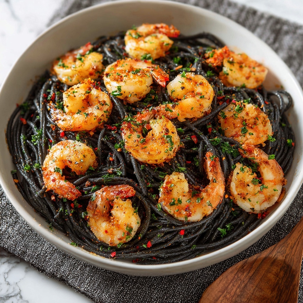 Squid Ink Pasta with Garlic Shrimp Recipe - Recipe Image