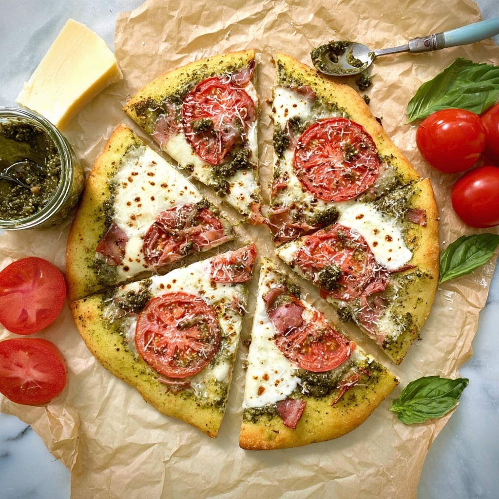 Pesto Pizza with Prosciutto, Tomatoes, and Mozzarella Recipe - Recipe Image