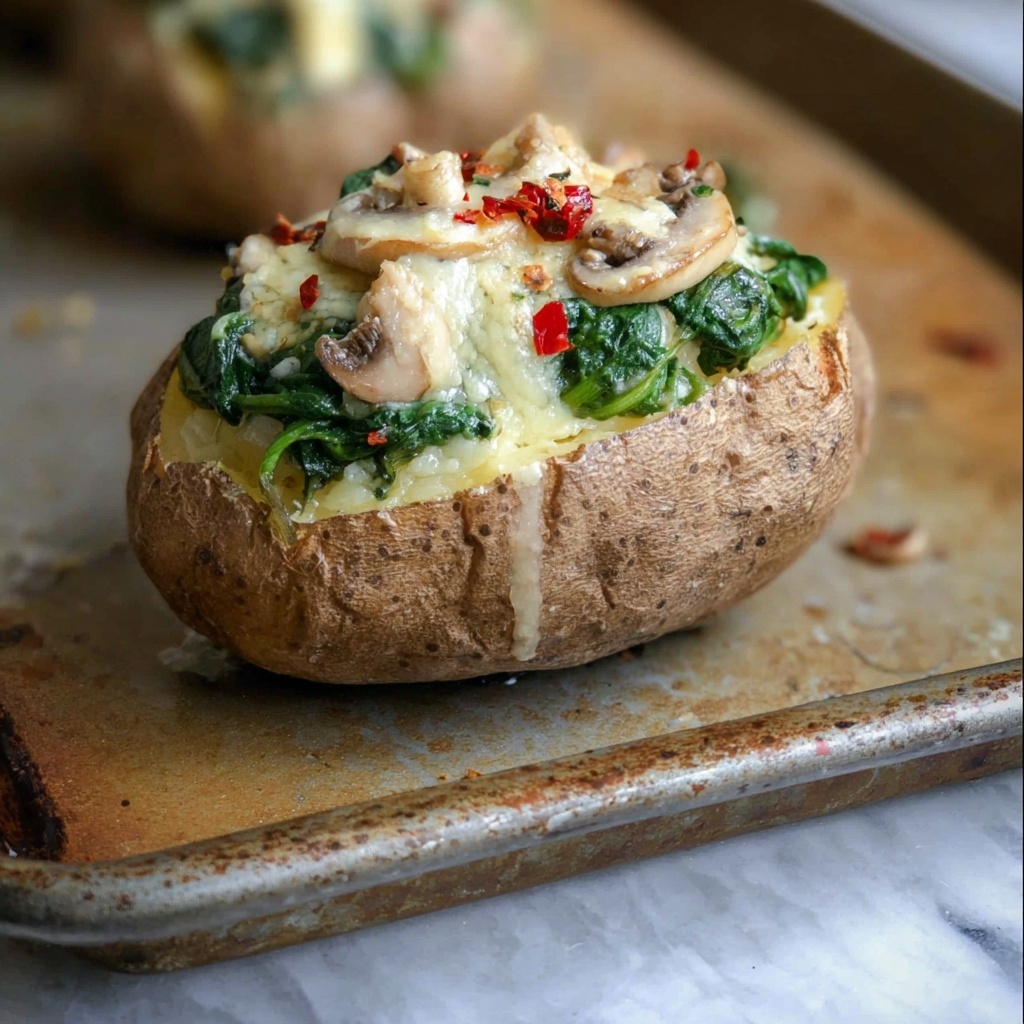 Spinach Mushroom Stuffed Baked Potatoes with Cheddar Recipe - Recipe Image
