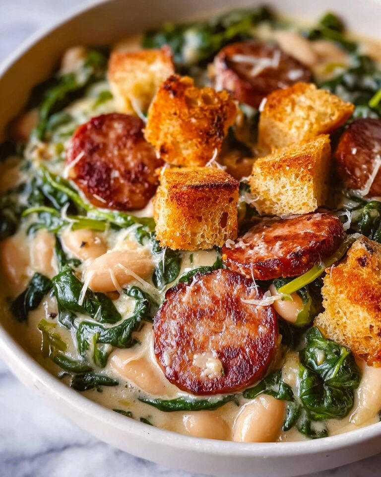 White Bean and Smoked Sausage Skillet with Sourdough Croutons Recipe