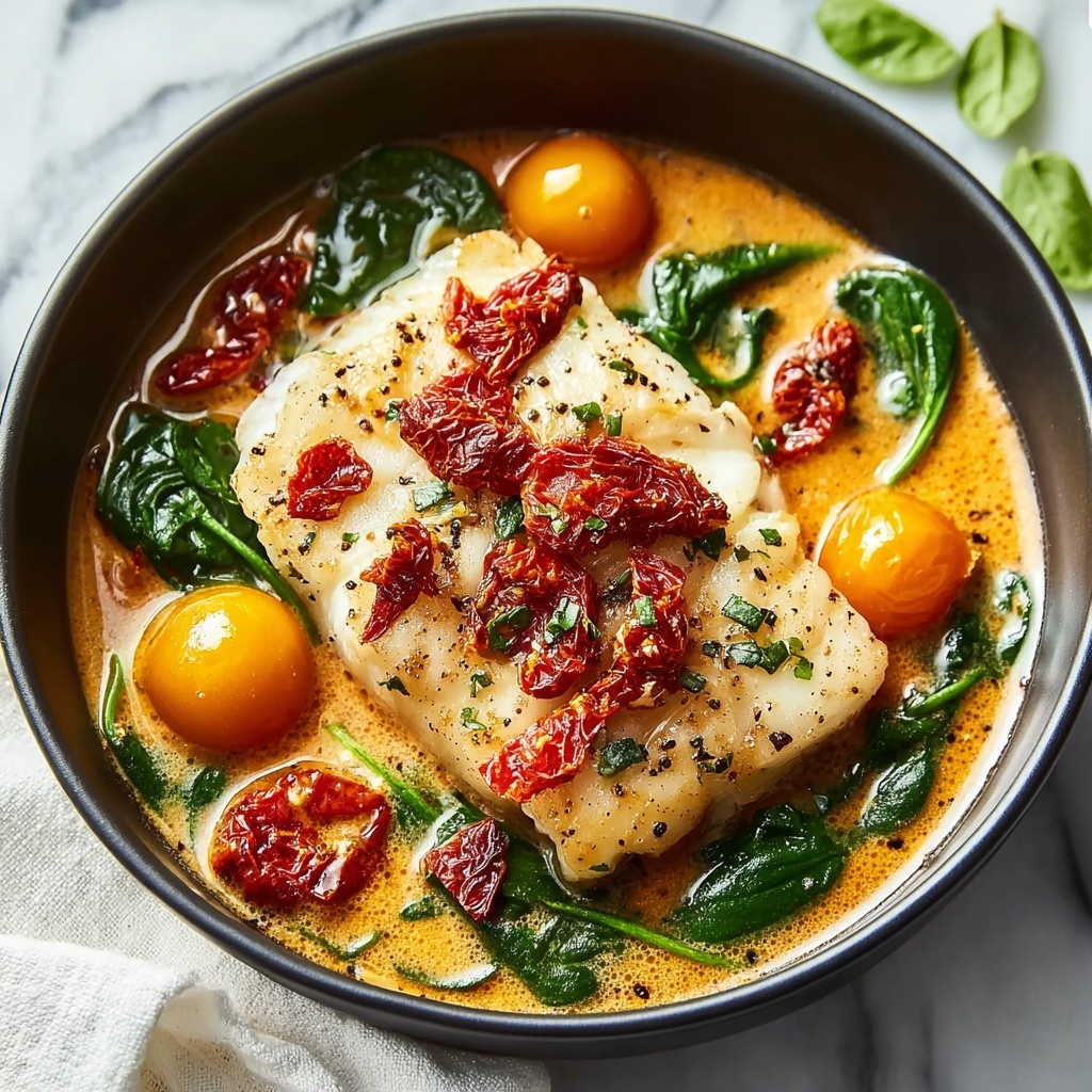 Creamy Keto Tuscan Cod with Spinach and Sun-Dried Tomatoes Recipe - Recipe Image