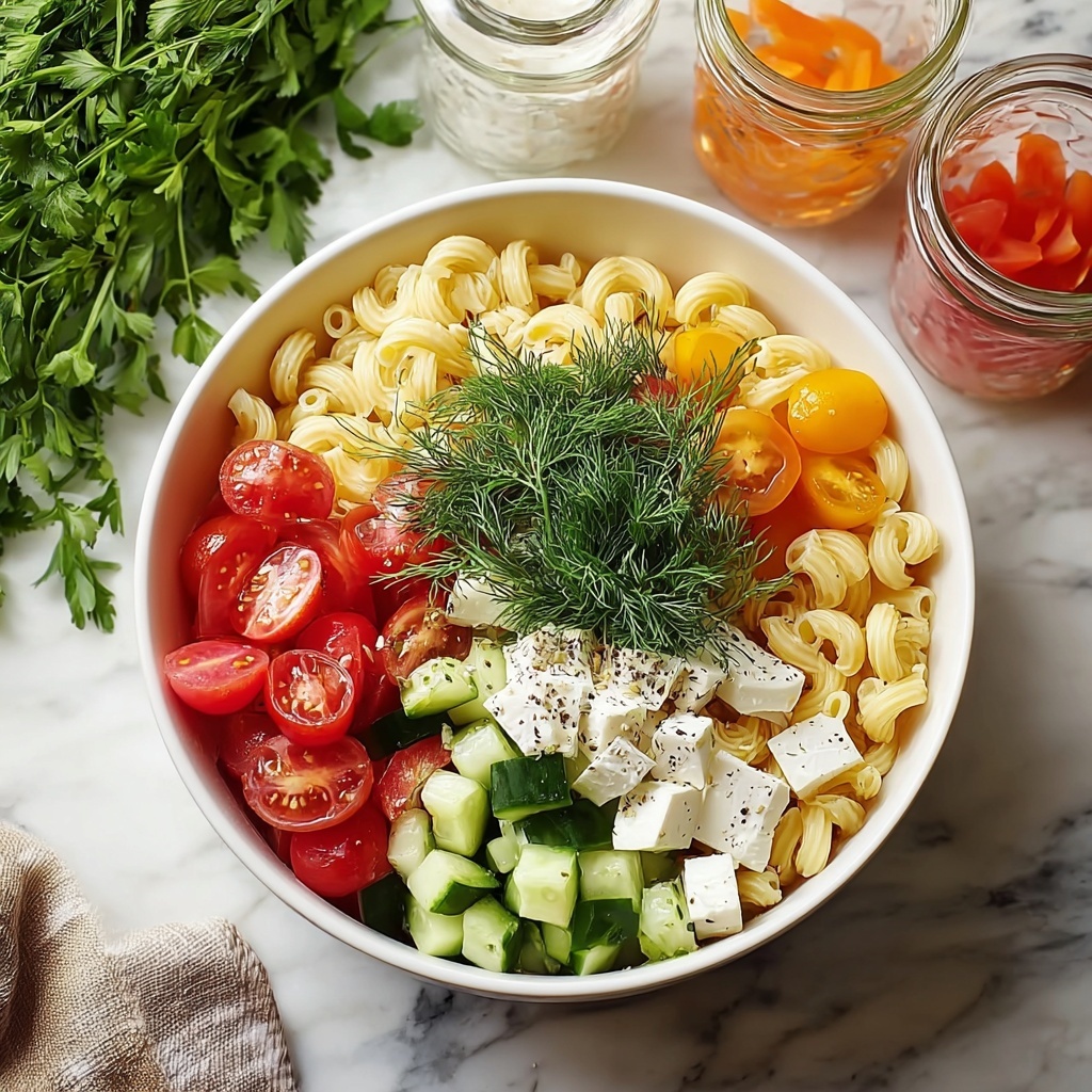 Layered Pasta Salad with Cherry Tomatoes, Cucumber, and Mozzarella Recipe - Recipe Image