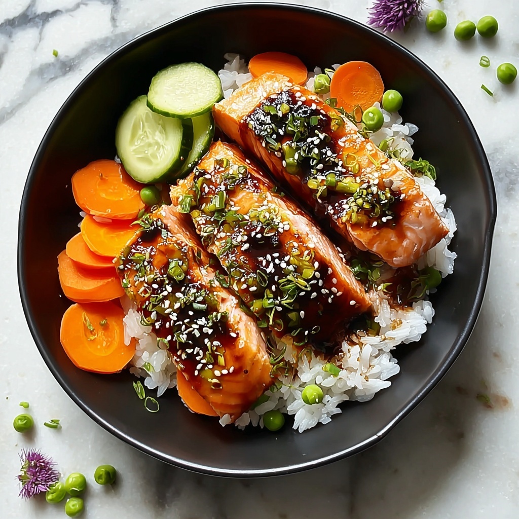 Teriyaki Salmon Bowl with Rice and Fresh Vegetables Recipe - Recipe Image