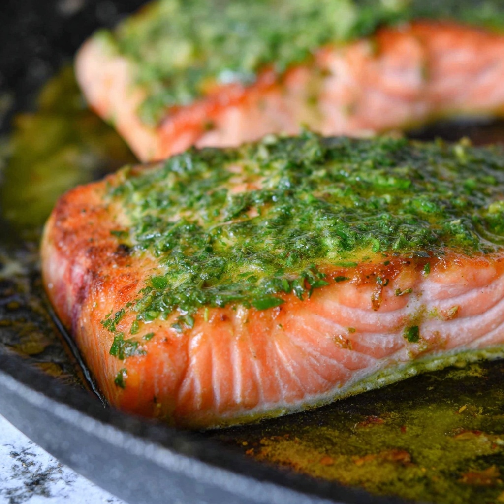 20 Minute Pan-Seared Salmon with Arugula Pesto Recipe - Recipe Image