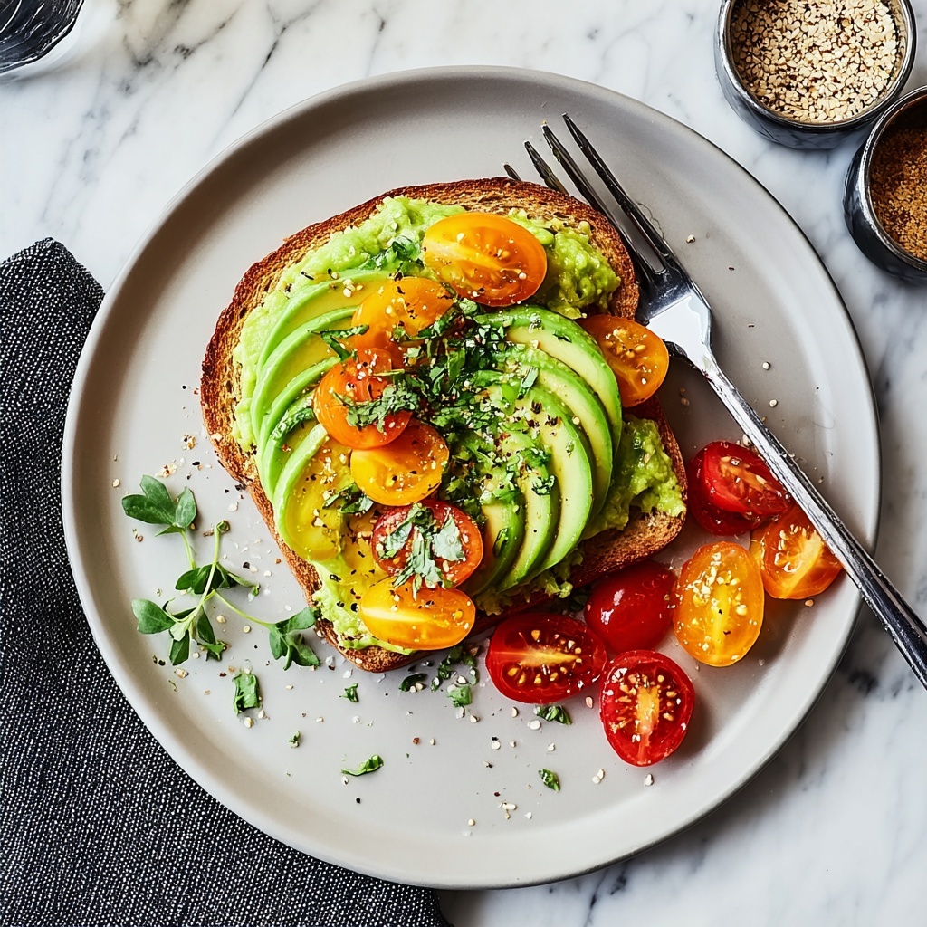 Creamy Avocado Toast with Cherry Tomatoes, Feta, and Basil Recipe - Recipe Image