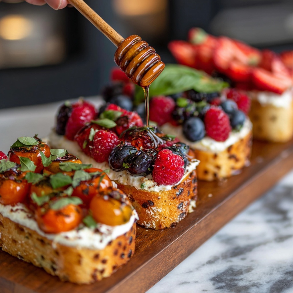 Whipped Goat Cheese Bruschetta with Honey Balsamic Reduction and Fresh Berries Recipe - Recipe Image