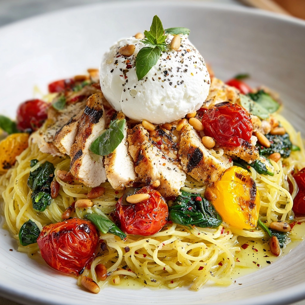 Chicken Spaghetti with Burrata and Lemon Butter Garlic Sauce Recipe - Recipe Image