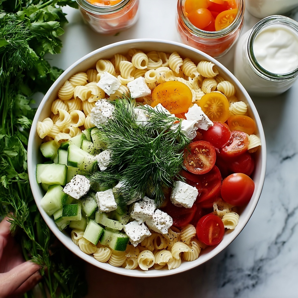 Layered Pasta Salad with Cherry Tomatoes, Cucumber, and Mozzarella Recipe - Recipe Image