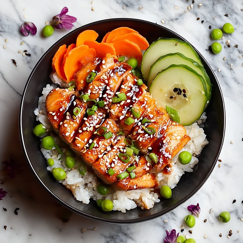 Teriyaki Salmon Bowl with Rice and Fresh Vegetables Recipe - Recipe Image