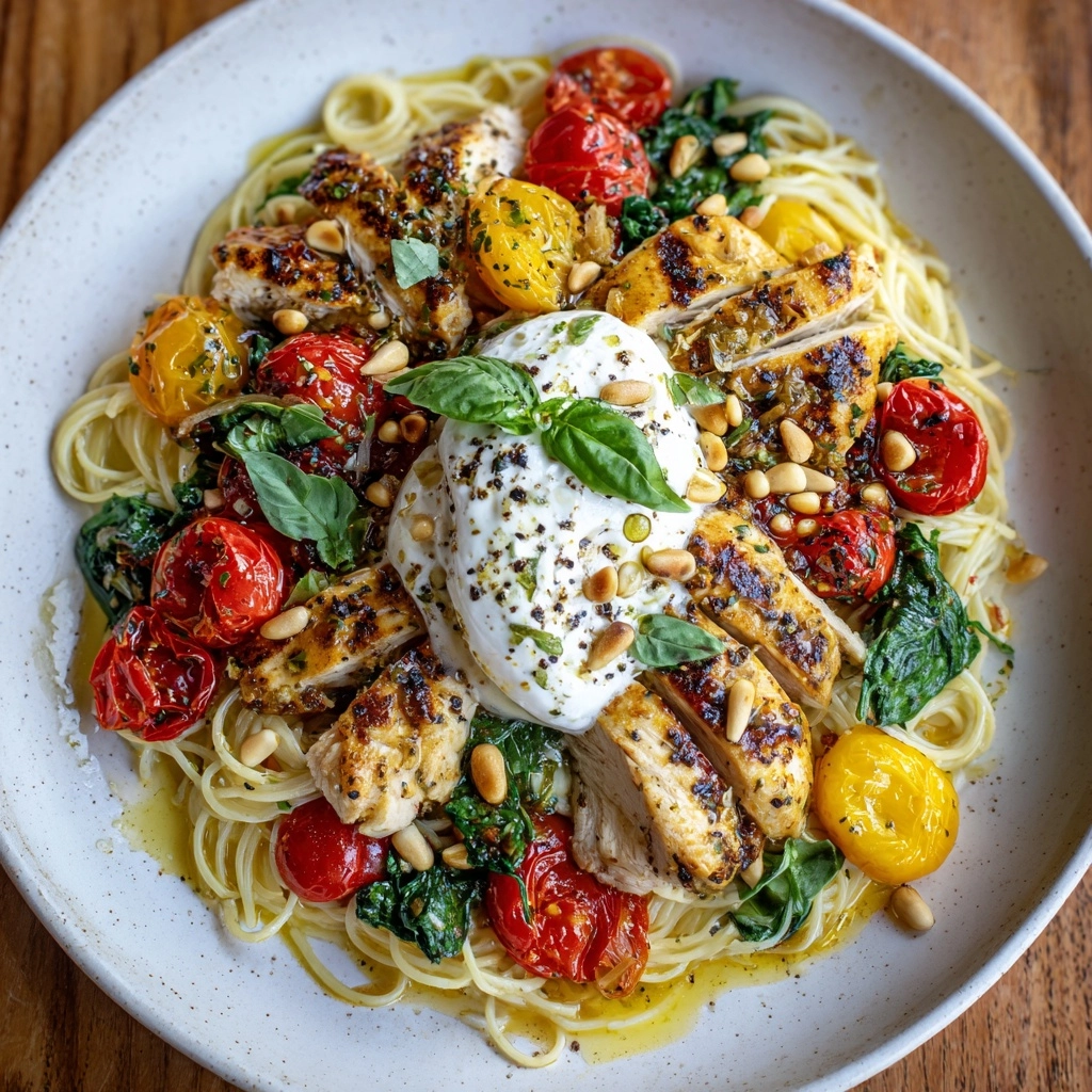 Chicken Spaghetti with Burrata and Lemon Butter Garlic Sauce Recipe - Recipe Image