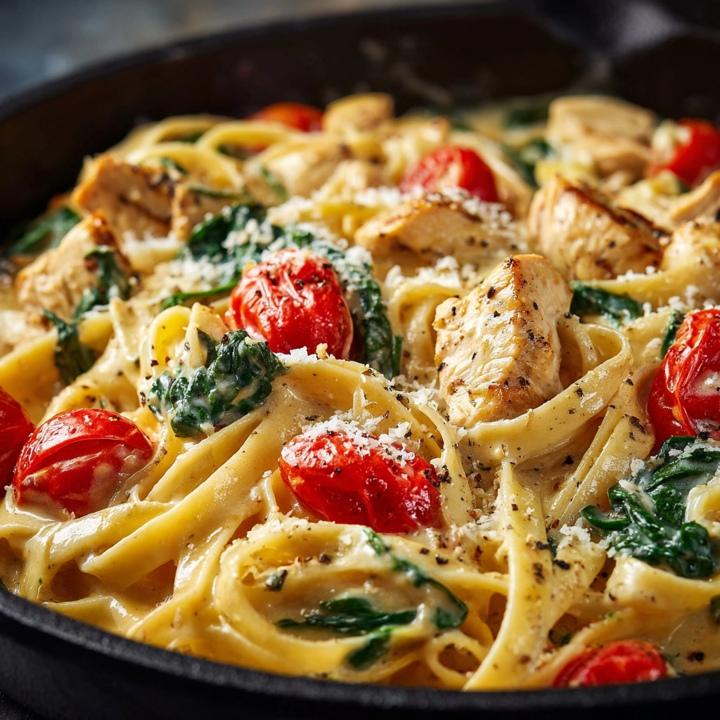 Creamy Garlic Tomato Chicken and Spinach Fettuccine Recipe - Recipe Image