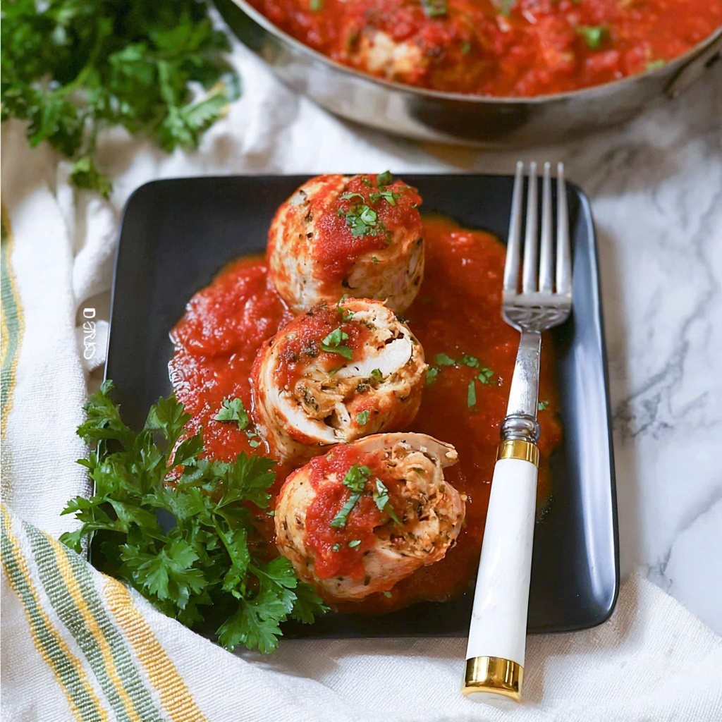 Pork Braciole with Cornbread, Pecans, and Tomato Basil Sauce Recipe - Recipe Image