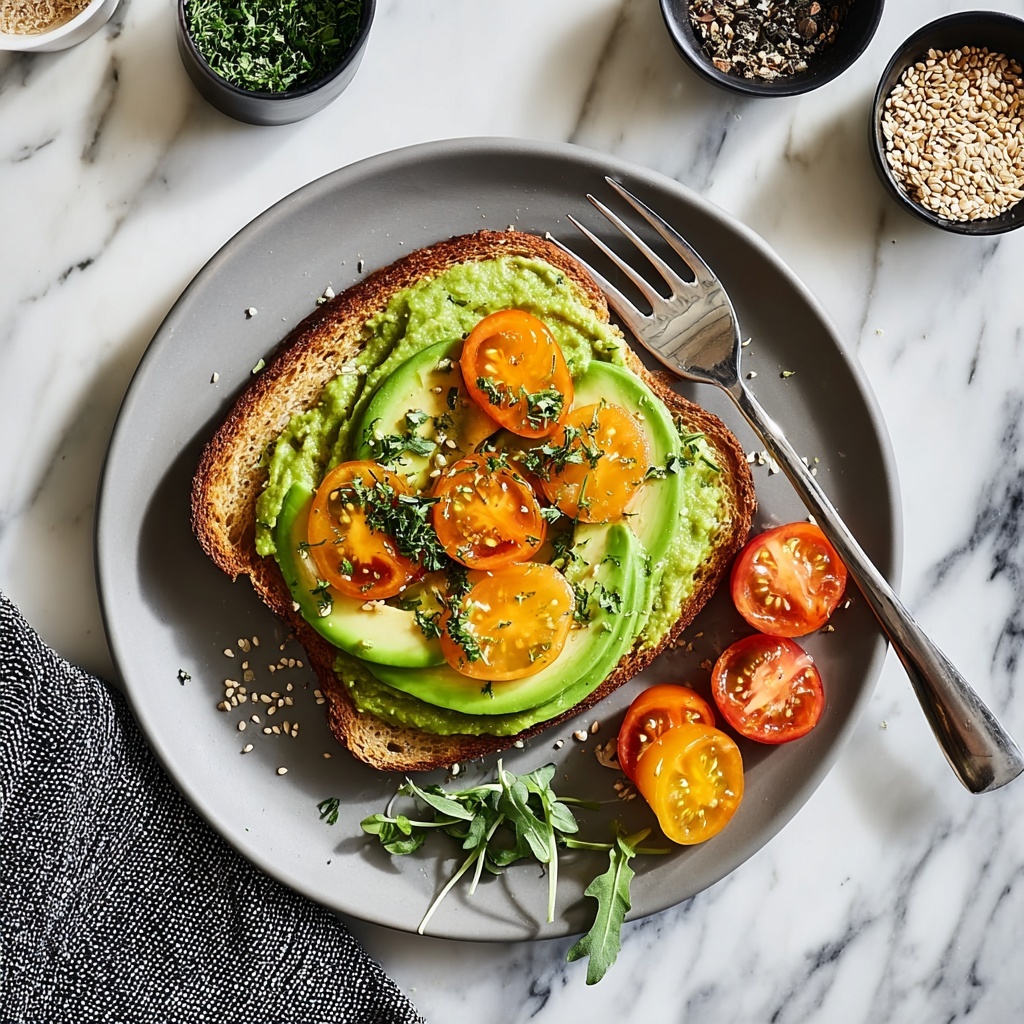 Creamy Avocado Toast with Cherry Tomatoes, Feta, and Basil Recipe - Recipe Image