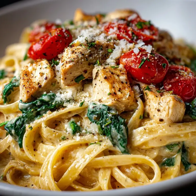 Creamy Garlic Tomato Chicken and Spinach Fettuccine Recipe