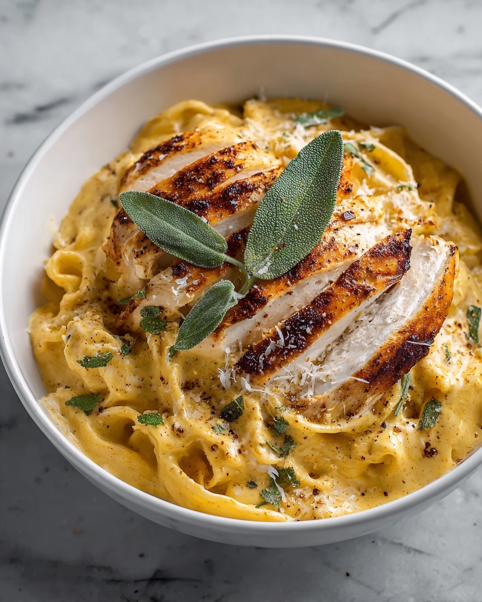 Pumpkin and Roasted Garlic Cream Sauce Fettuccine with Grilled Sage-Rubbed Chicken Recipe - Recipe Image