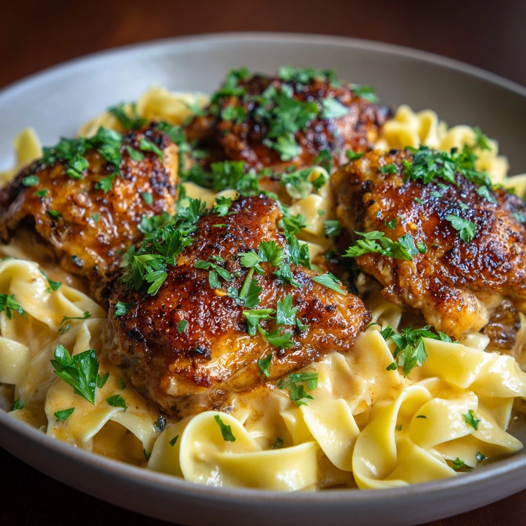 One-Pan Creamy Garlic Butter Chicken with Egg Noodles Recipe - Recipe Image