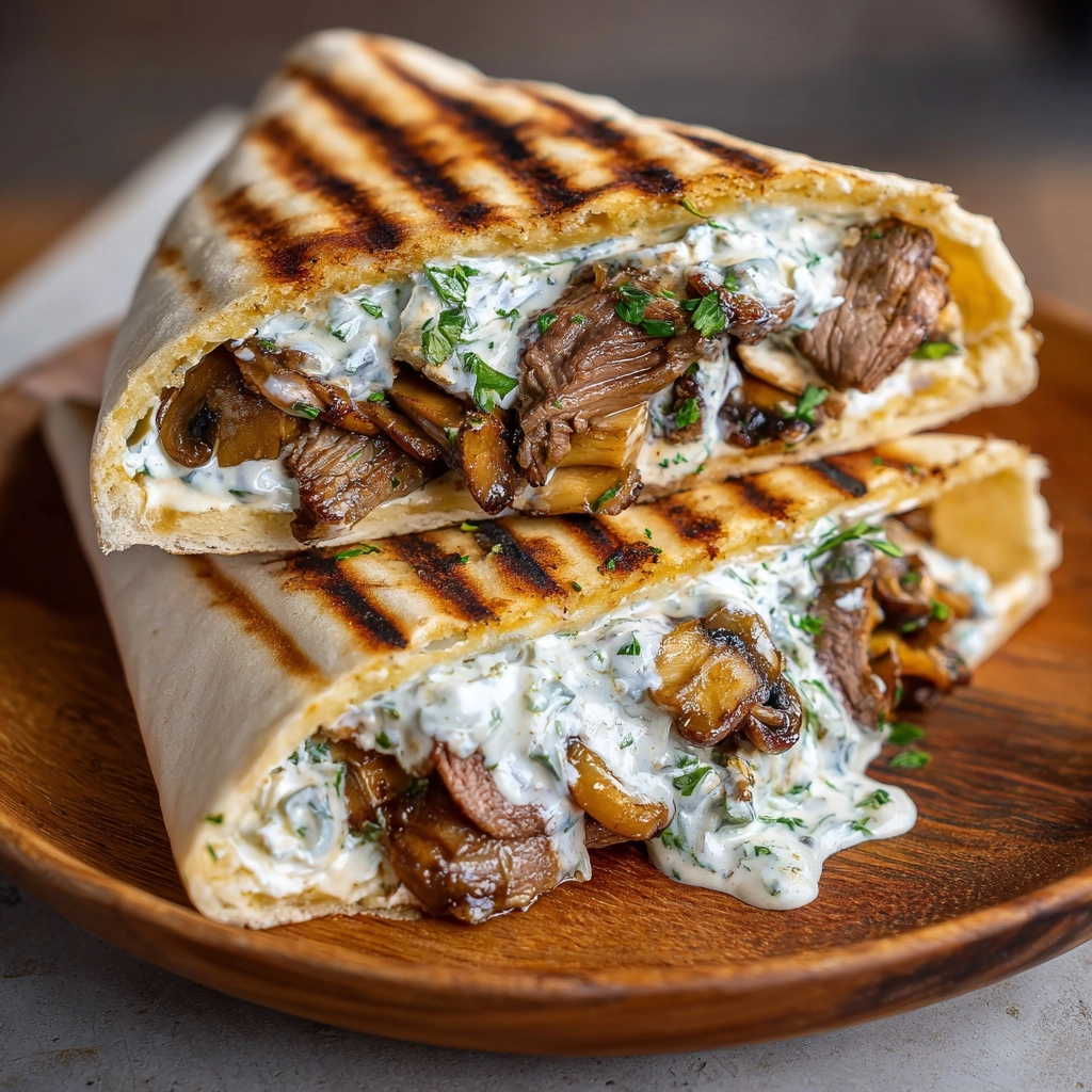 Cheesy Beef and Mushroom Pita Pockets with Tzatziki Sauce Recipe - Recipe Image