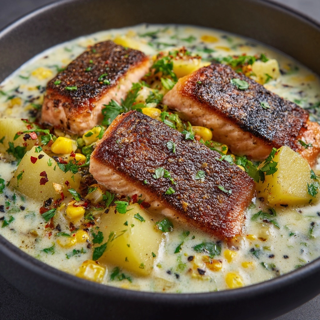 Creamy Blackened Salmon Chowder Recipe - Recipe Image