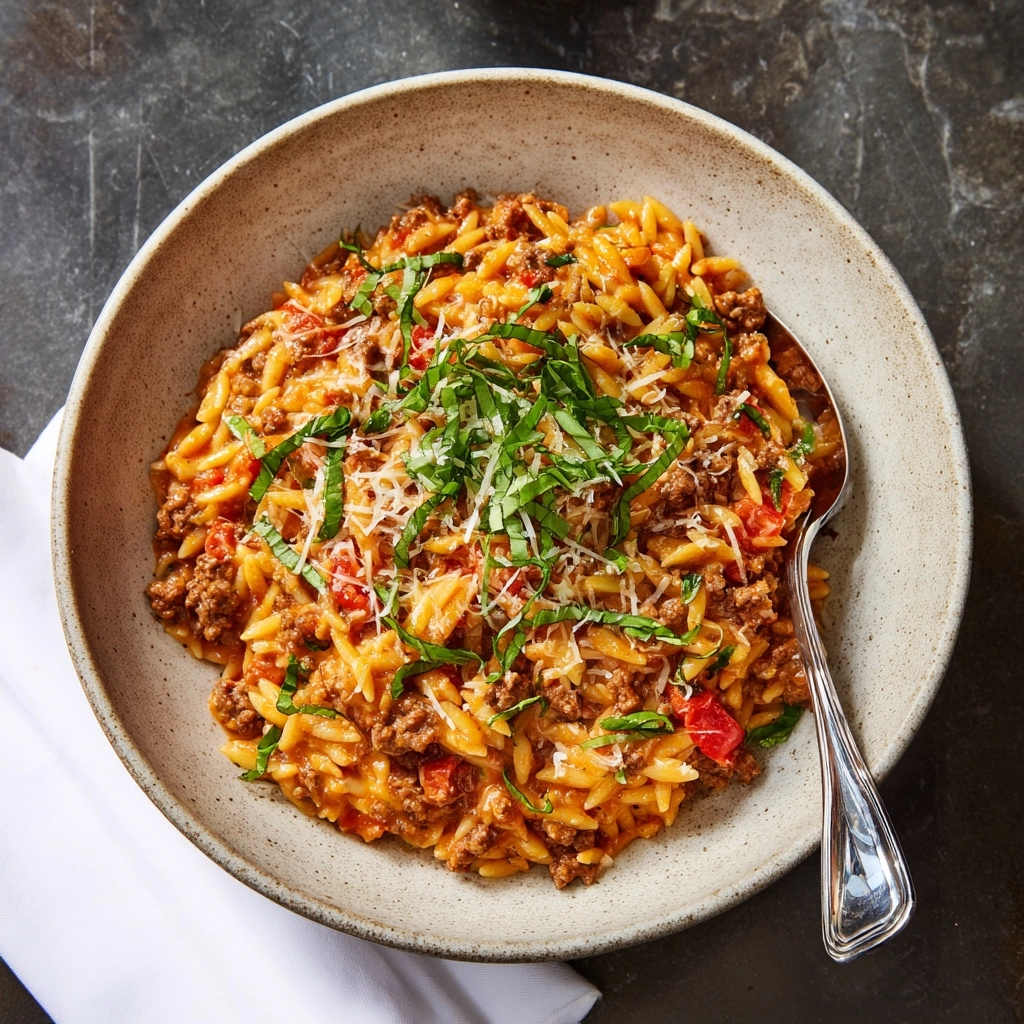 Ground Beef Orzo Skillet with Cheese and Spinach Recipe - Recipe Image