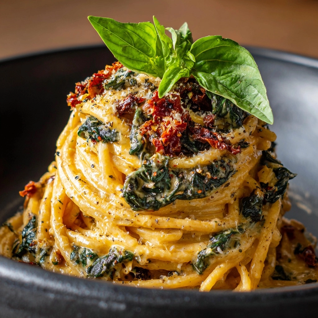 Spaghetti & Spinach with Sun-Dried Tomato Cream Sauce Recipe - Recipe Image