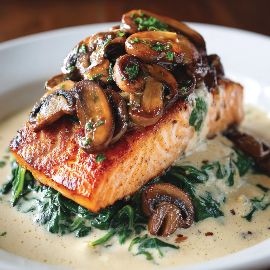 Garlic Butter Salmon with Spinach & Mushrooms in Creamy Sauce Recipe - Recipe Image