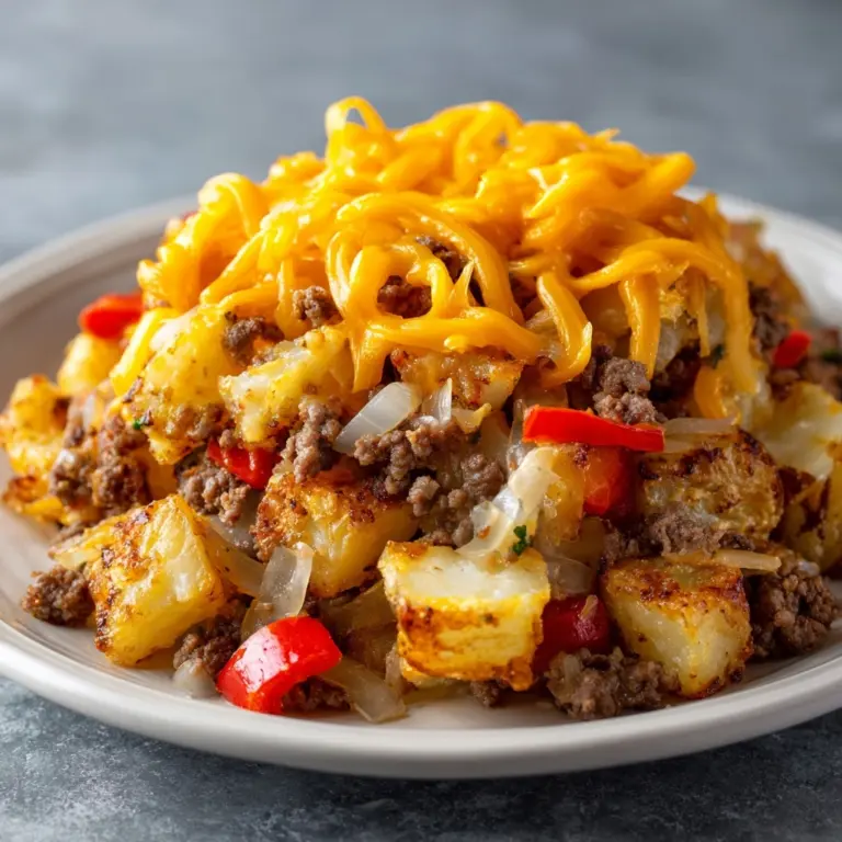 Loaded Breakfast Hash with Bacon, Sausage, Eggs, and Cheddar Recipe