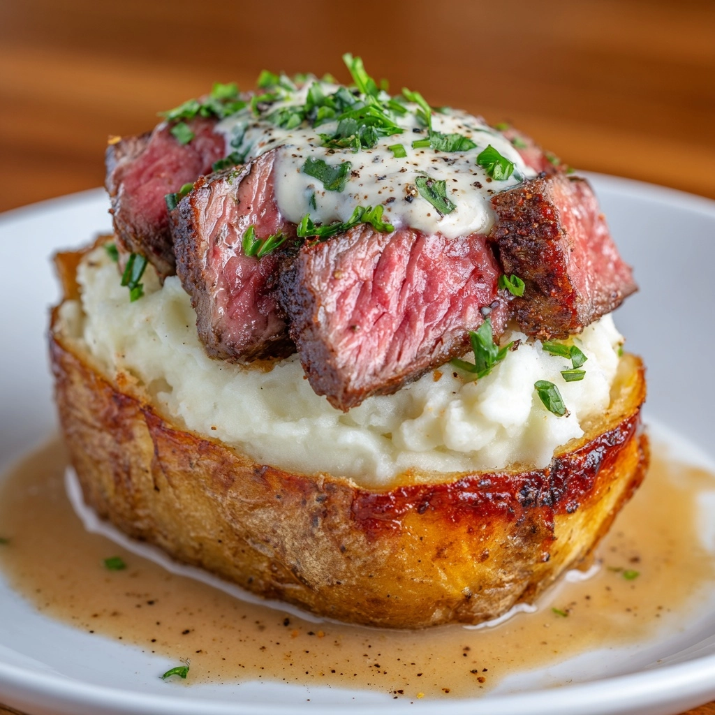 Loaded Baked Potato with Sizzling Steak Bites Recipe - Recipe Image
