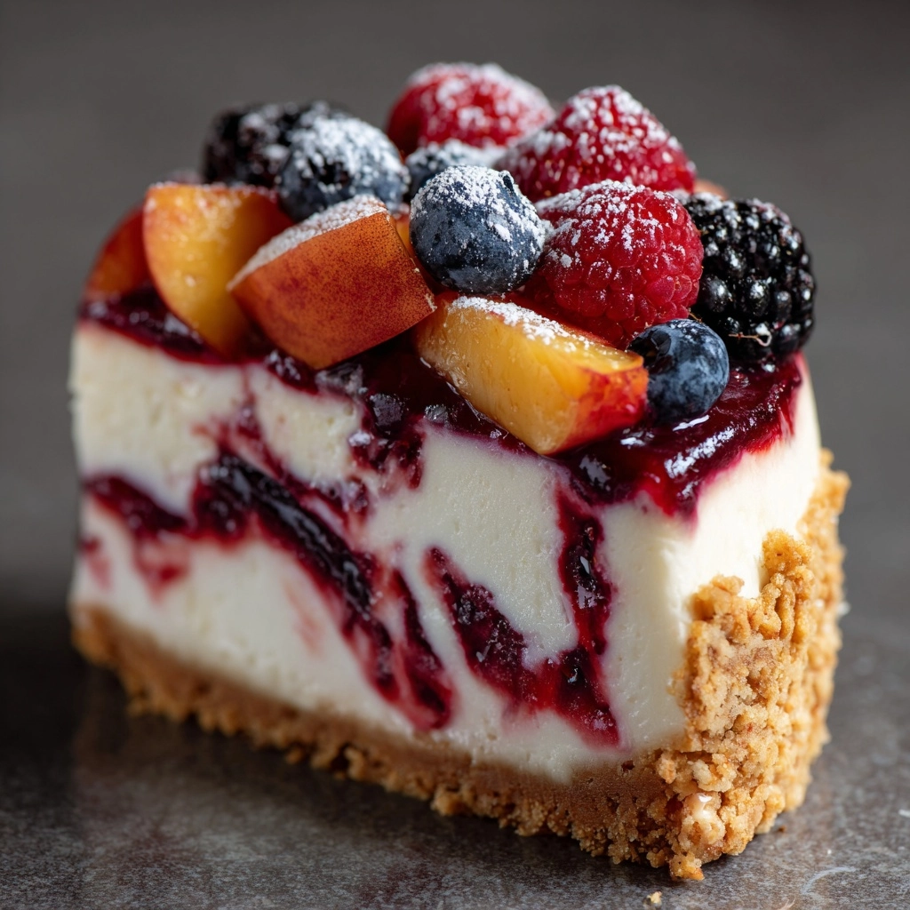 Savory Summer Berry and Peach Cheesecake Recipe - Recipe Image