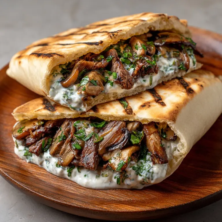 Cheesy Beef and Mushroom Pita Pockets with Tzatziki Sauce Recipe