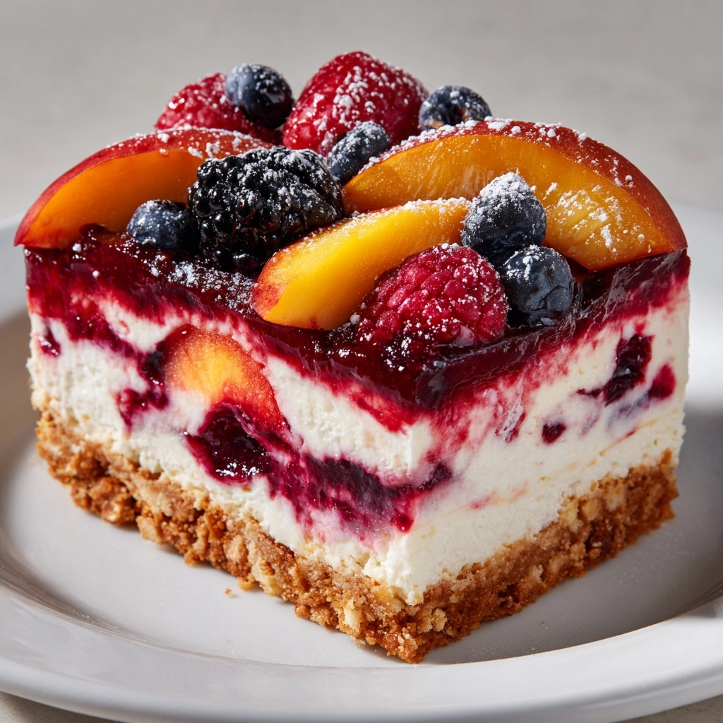 Savory Summer Berry and Peach Cheesecake Recipe - Recipe Image