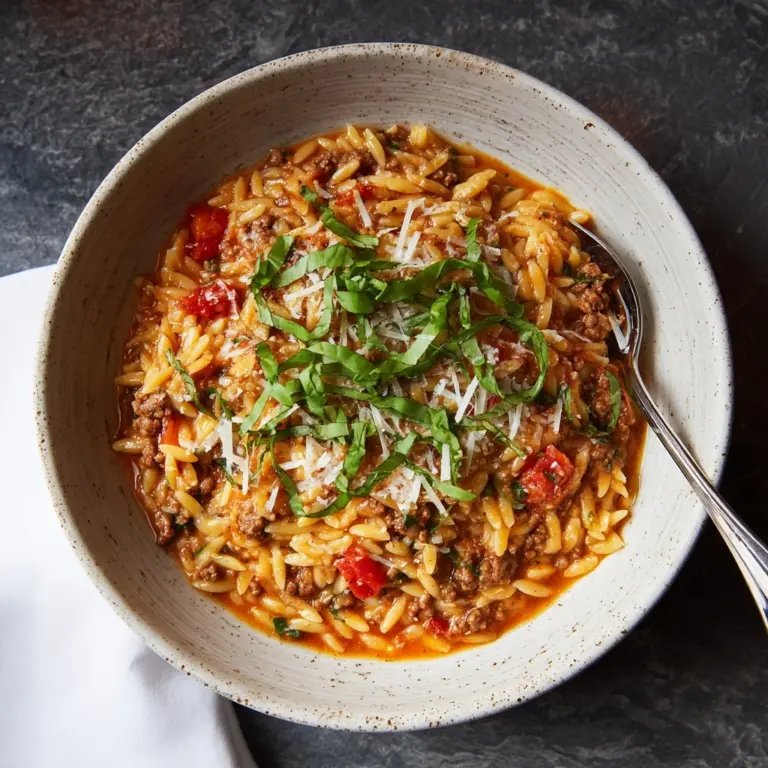 Ground Beef Orzo Skillet with Cheese and Spinach Recipe