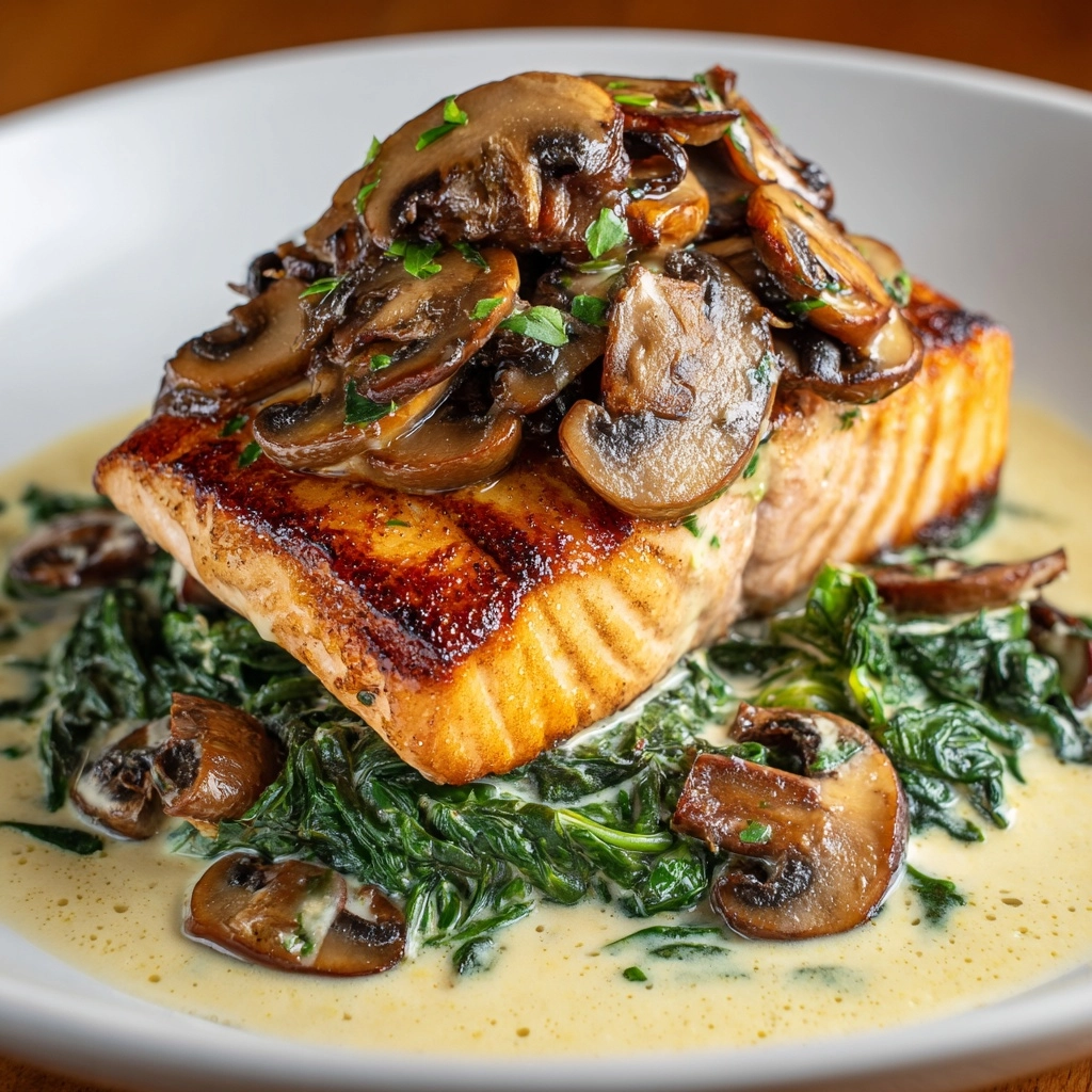 Garlic Butter Salmon with Spinach & Mushrooms in Creamy Sauce Recipe - Recipe Image