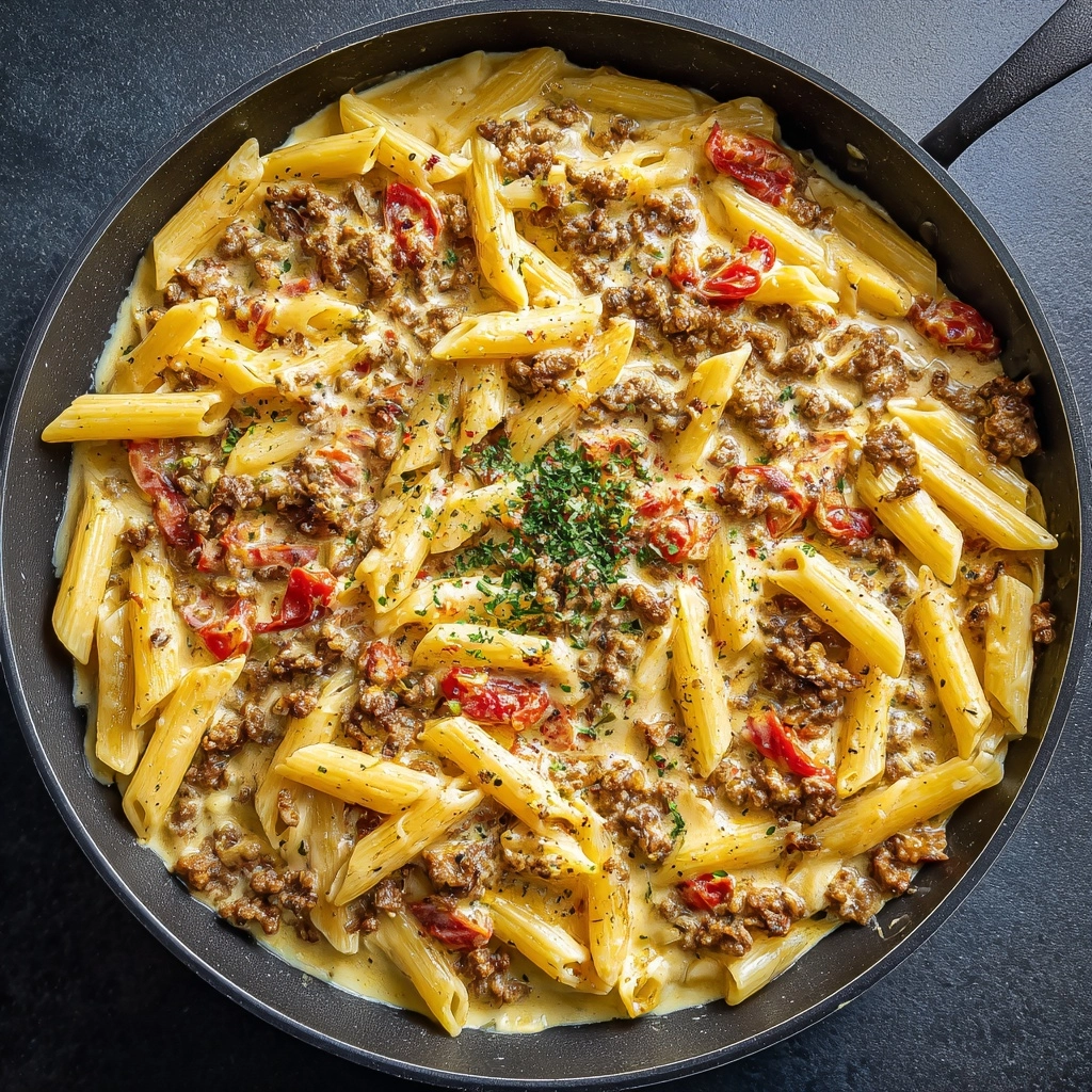 One Pot Creamy Tomato Beef Pasta Recipe - Recipe Image